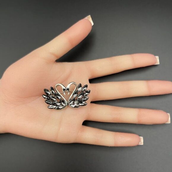 Silver with Gray and Black Onyx Crystal Kissing Swan Duo Pin Back Brooch - Picture 7 of 7